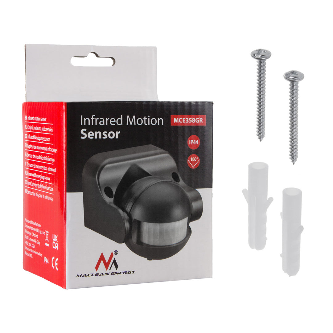 Sensor de movimento infravermelho Maclean MCE358 GR Sensor PIR de 180° com sensor infravermelho de crepúsculo IP44 | Uso interno e externo | Alcance até 12 m | Carga de 300/1200 W