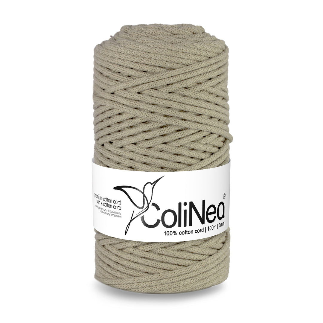 ColiNea Cordón de algodón con núcleo de algodón, Trenzado, 3mm, 100m, Color beige claro