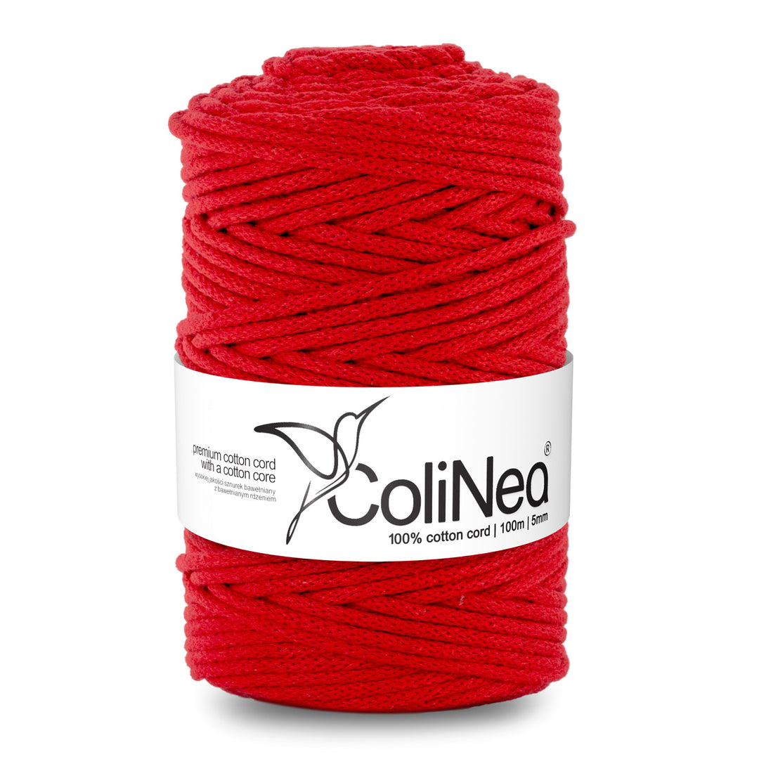 ColiNea Cordón de algodón con núcleo de algodón, Trenzado, 5 mm, 100 m, Color rojo