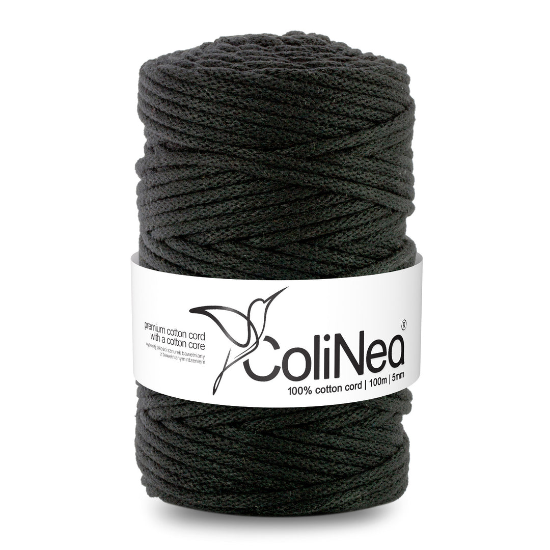 ColiNea Cordón de algodón con núcleo de algodón, Trenzado, 5 mm, 100 m, Color negro