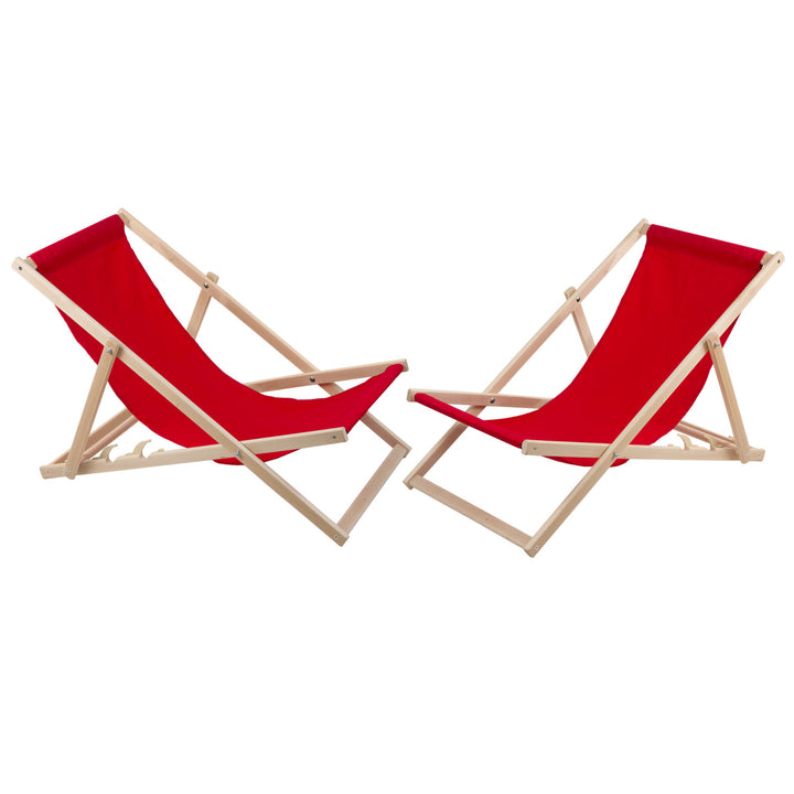 Conjunto de 2 espreguiçadeiras em madeira vermelha, ideais para praia, varanda, terraço
