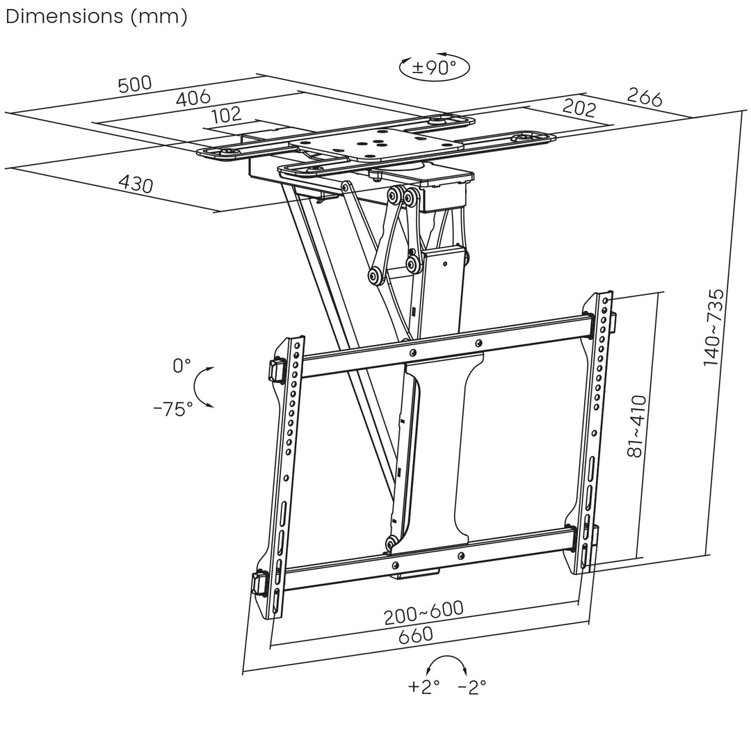 Suporte elétrico de teto para TV Maclean MC-490, suporte para TV TUYA, VESA máx. 600x400, rotação de 90°, 32"-75", carga máxima de 35 kg