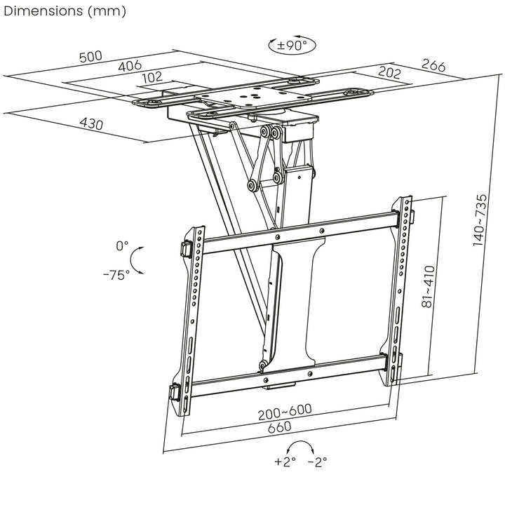 Suporte elétrico de teto para TV Maclean MC-490, suporte para TV TUYA, VESA máx. 600x400, rotação de 90°, 32"-75", carga máxima de 35 kg