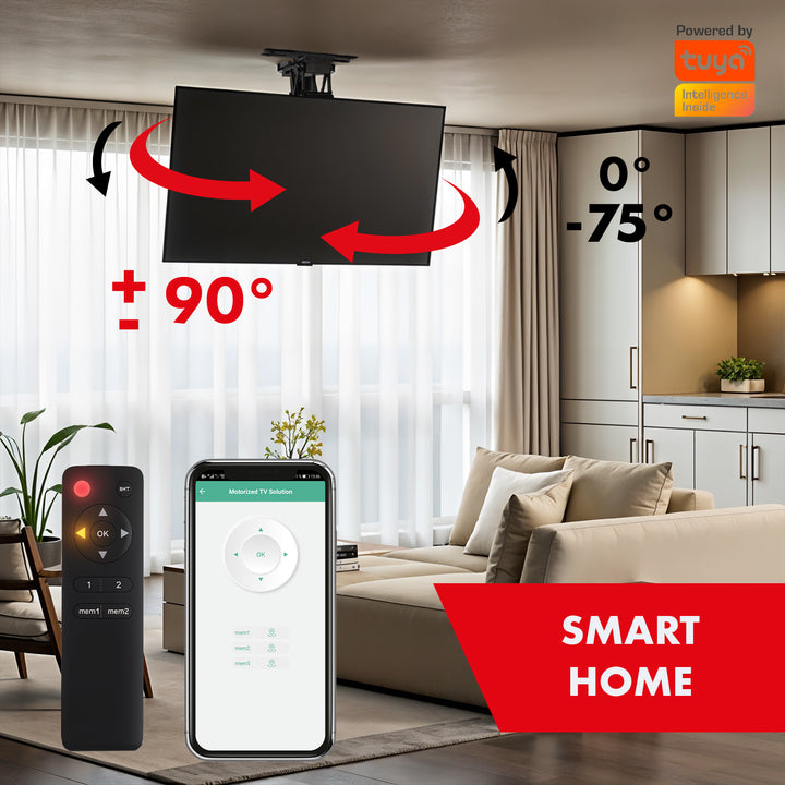 Suporte elétrico de teto para TV Maclean MC-490, suporte para TV TUYA, VESA máx. 600x400, rotação de 90°, 32"-75", carga máxima de 35 kg