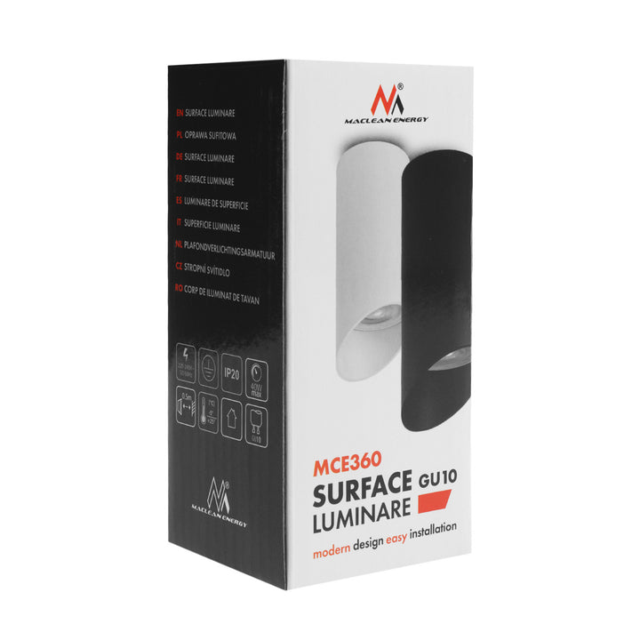 Maclean MCE360 W Candeeiro/tubo de montagem superficial, spot, redondo, alumínio, GU10, 55x130 mm, branco