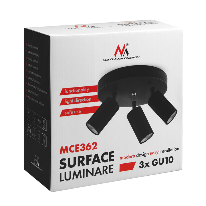 Candeeiro de Teto Maclean MCE362 B, 3 GU10, Máx. 40 W | Móvel, Alumínio | Spot Moderno para Sala de Estar, Escritório, Cozinha, com Fontes de Luz Ajustáveis, Preto Mate