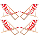Conjunto de 4 espreguiçadeiras Woodok em madeira de faia para praia, jardim, varanda e terraço, dobráveis, até 120 kg, riscas vermelhas