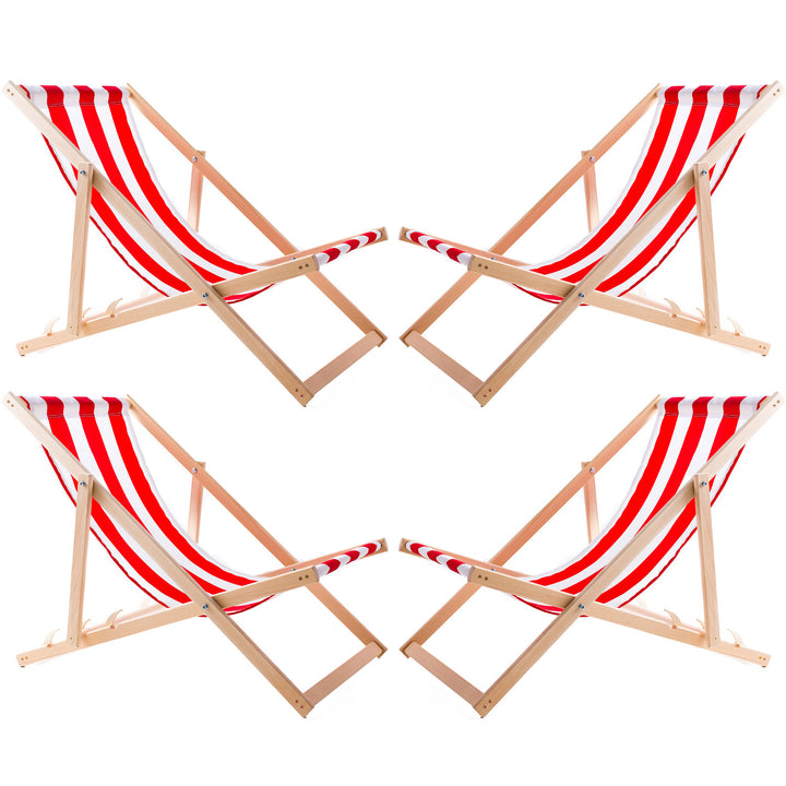 Conjunto de 4 espreguiçadeiras Woodok em madeira de faia para praia, jardim, varanda e terraço, dobráveis, até 120 kg, riscas vermelhas