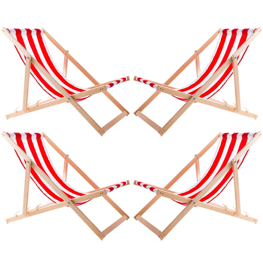 Conjunto de 4 espreguiçadeiras Woodok em madeira de faia para praia, jardim, varanda e terraço, dobráveis, até 120 kg, riscas vermelhas