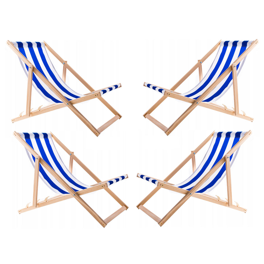 Conjunto de 4 espreguiçadeiras Woodok em madeira de faia para praia, jardim, varanda e terraço, dobráveis, até 120 kg, riscas azuis