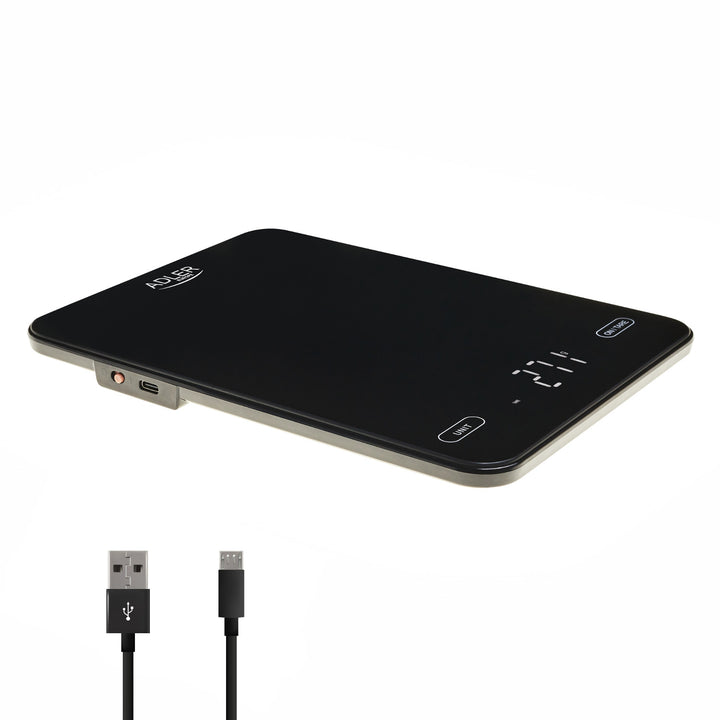 Báscula de cocina, Adler, negra, 10 kg, recargable por USB, AD 3177