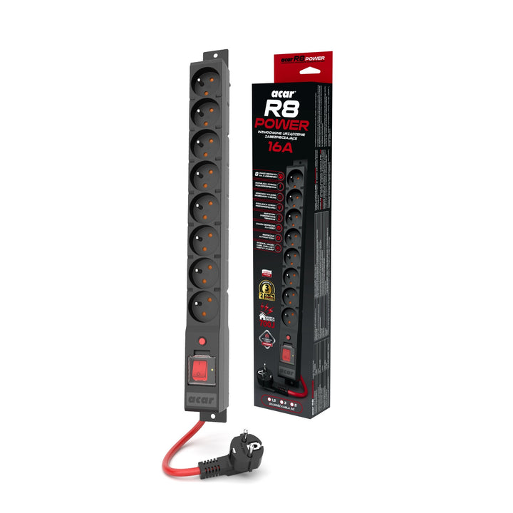 Acar Regleta de protección contra sobretensiones, 16A, 3680W, 3m, negro, R8 POWER