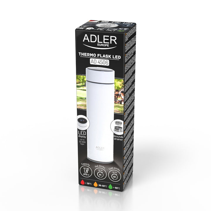 Termo Adler, pantalla táctil LED, capacidad 473 ml, color blanco, AD 4506