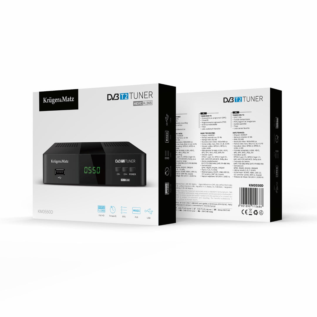 Sintonizador y descodificador DVB-T2 KM0550D H.265 HEVC EPG PVR Timeshift Kruger&Matz