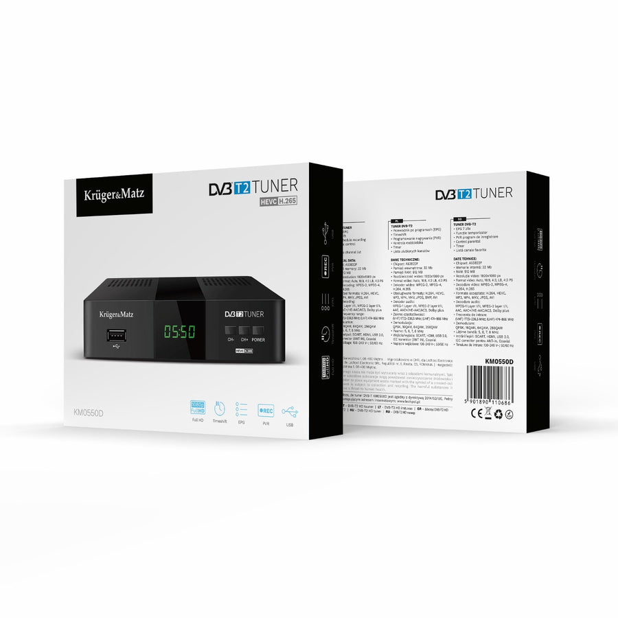 Sintonizador y descodificador DVB-T2 KM0550D H.265 HEVC EPG PVR Timeshift Kruger&Matz