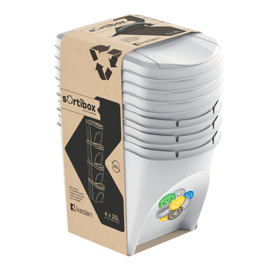 Conjunto de Papeleiras Keden Sortibox, Sistema de Classificação e Reciclagem, 4 x 25L, Cor Cinza, IKWB25S4