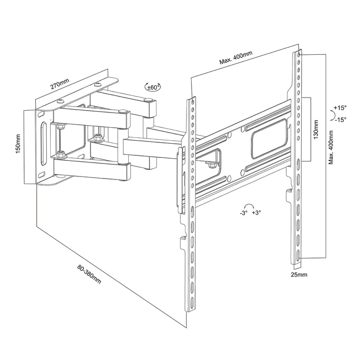 Soporte de TV Maclean, VESA máx. 400x400, 32-75", 50kg, ajuste de ángulo horizontal y vertical, perfil 80-380mm, negro, MC-788