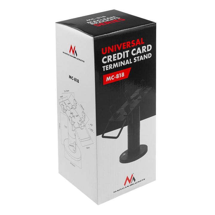 Suporte de terminal de cartão Maclean MC-818 para dispositivos POS, universal | Rotação de 270°, ajuste de inclinação de +0° a -75°, largura ajustável, gestão de cabos | Suporte de mesa para terminais EC