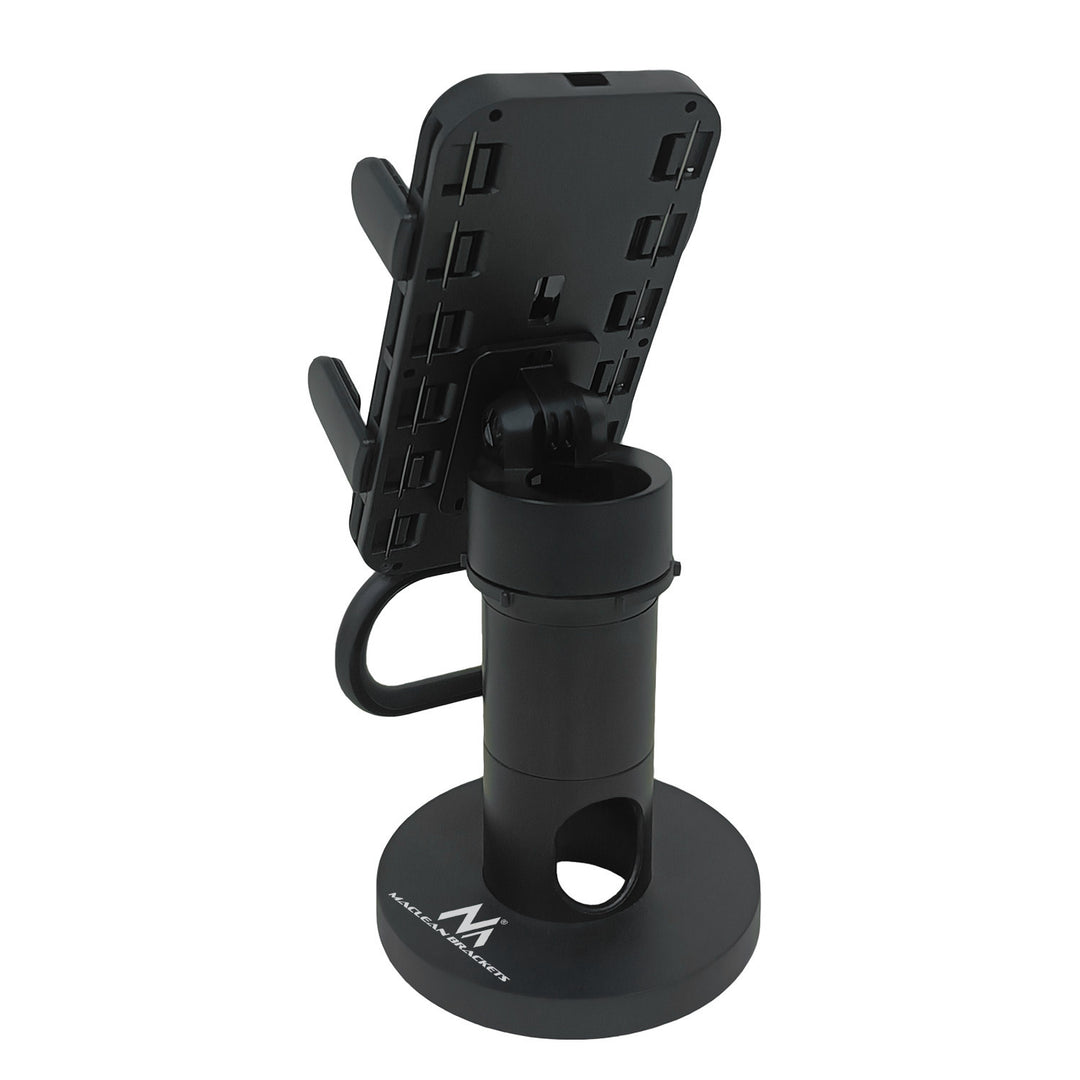 Suporte para terminal de cartão Maclean MC-819 para dispositivos POS | Rotação de 90°, ajuste de inclinação de +45° a -45°, largura ajustável, gestão de cabos | Suporte de mesa para terminais EC