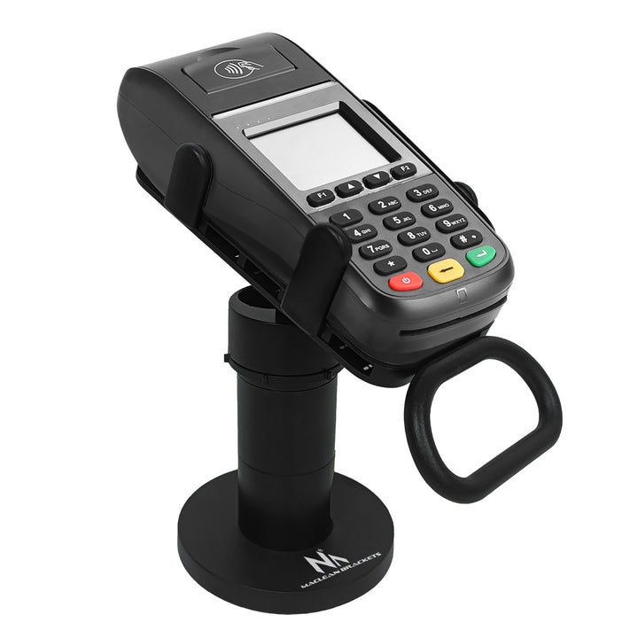 Suporte para terminal de cartão Maclean MC-819 para dispositivos POS | Rotação de 90°, ajuste de inclinação de +45° a -45°, largura ajustável, gestão de cabos | Suporte de mesa para terminais EC