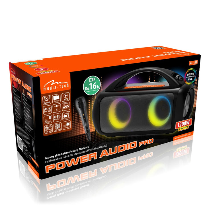 Coluna de som portátil Media-Tech MT3184, função karaoke, Bluetooth 5.3, 1200 W