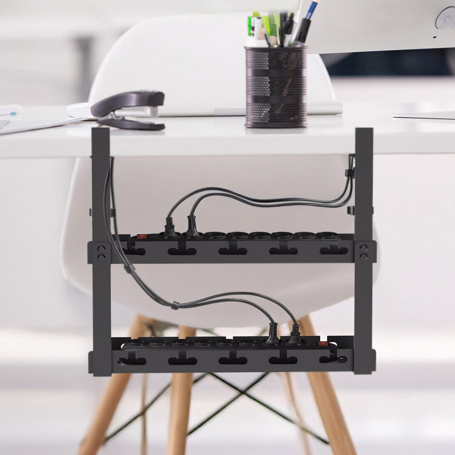 Maclean MC-104 B Organizador de cables bajo escritorio, carga máx. 5 kg, 2 niveles, negro