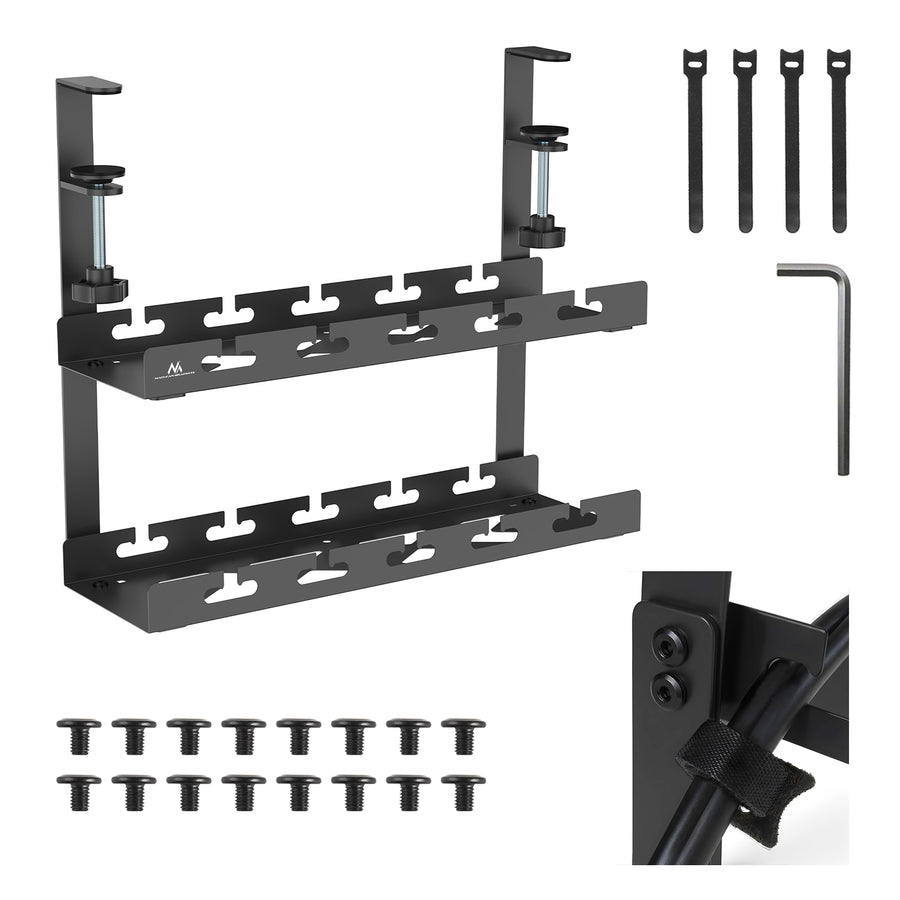 Maclean MC-104 B Organizador de cables bajo escritorio, carga máx. 5 kg, 2 niveles, negro