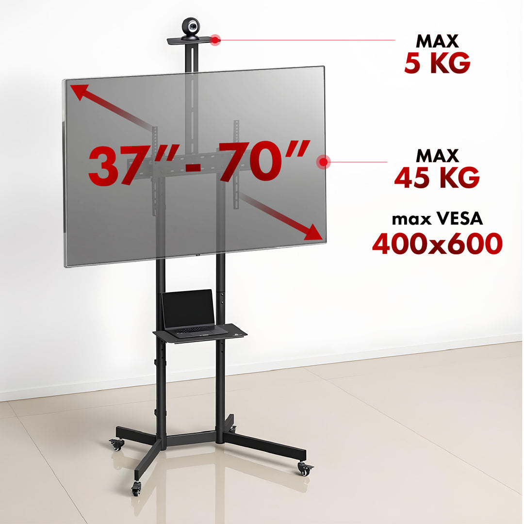 Suporte/carrinho TV Maclean, prateleira para câmara, sobre rodas, 37-70", carga máxima de 45 kg/prateleira de 5 kg, VESA máx. 600x400, MC-113 B