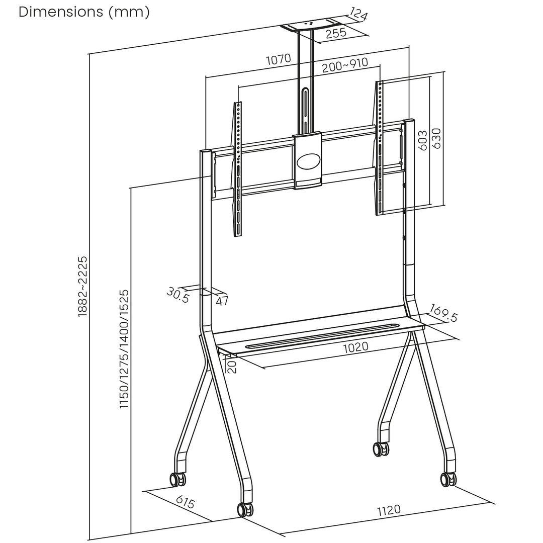 Maclean MC-114 W Soporte de TV / carro, estante de cámara, sobre ruedas, 55-100", carga máx. 120kg/10kg estante, máx. VESA 900x600, blanco