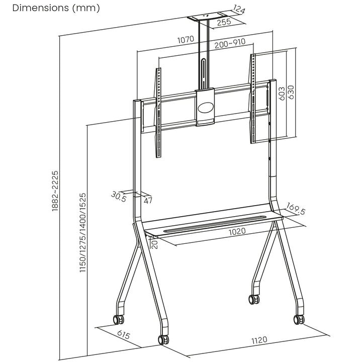 Maclean MC-114 W Soporte de TV / carro, estante de cámara, sobre ruedas, 55-100", carga máx. 120kg/10kg estante, máx. VESA 900x600, blanco