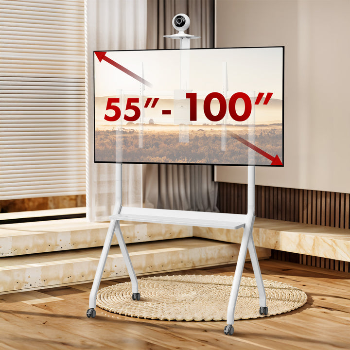 Maclean MC-114 W Soporte de TV / carro, estante de cámara, sobre ruedas, 55-100", carga máx. 120kg/10kg estante, máx. VESA 900x600, blanco