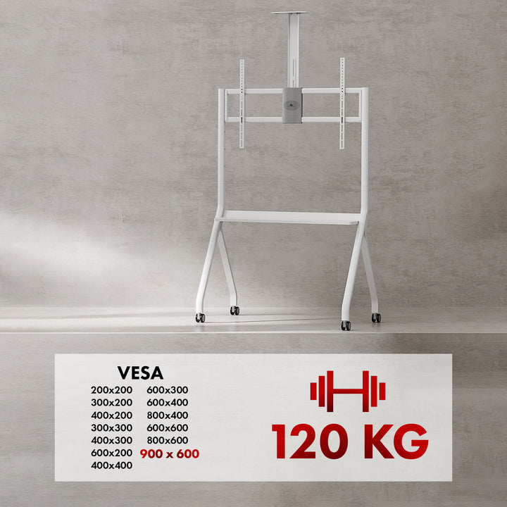 Maclean MC-114 W Soporte de TV / carro, estante de cámara, sobre ruedas, 55-100", carga máx. 120kg/10kg estante, máx. VESA 900x600, blanco