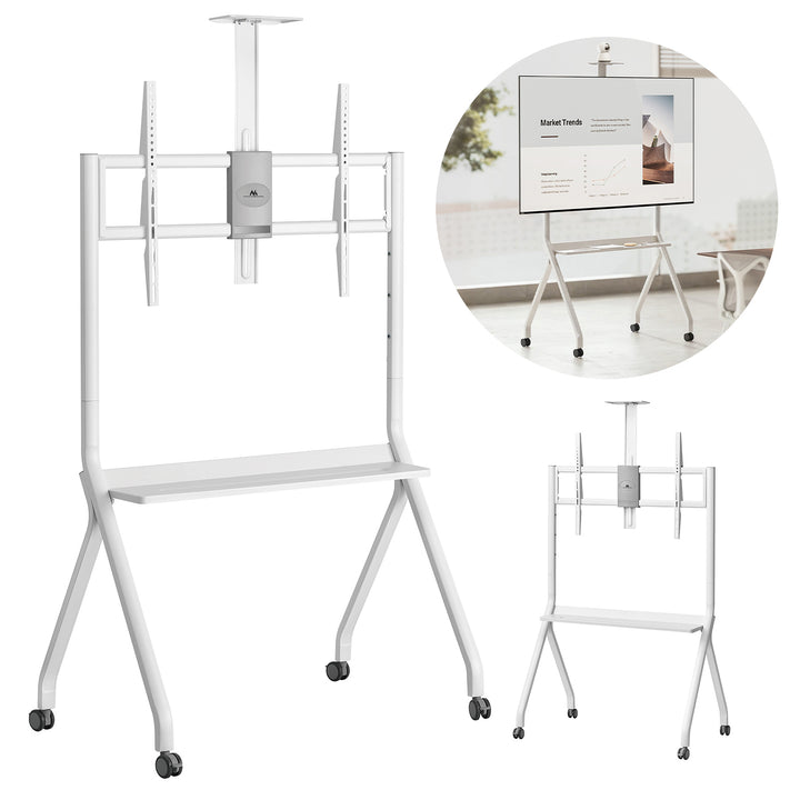 Maclean MC-114 W Soporte de TV / carro, estante de cámara, sobre ruedas, 55-100", carga máx. 120kg/10kg estante, máx. VESA 900x600, blanco