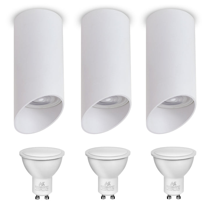 Maclean MCE360 W Luminaria de superficie / tubo, spot, redondo, aluminio, GU10, 55x130mm, blanco, 3pcs + bombilla LED GU10 7W Maclean Energy MCE437 WW blanco cálido 3000K, 220-240V~, 50/60Hz, 3pcs