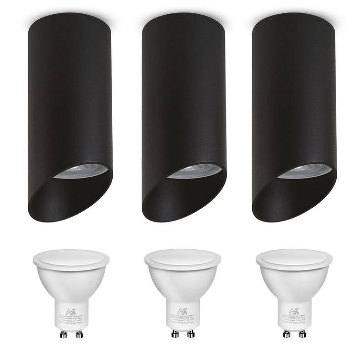 Maclean MCE360 B Luminaria/tubo de superficie, spot, redondo, aluminio, GU10, 55x130mm, color negro, 3pcs + bombilla LED GU10 7W Maclean Energy MCE437 WW blanco cálido 3000K, 220-240V~, 50/60Hz, 3pcs