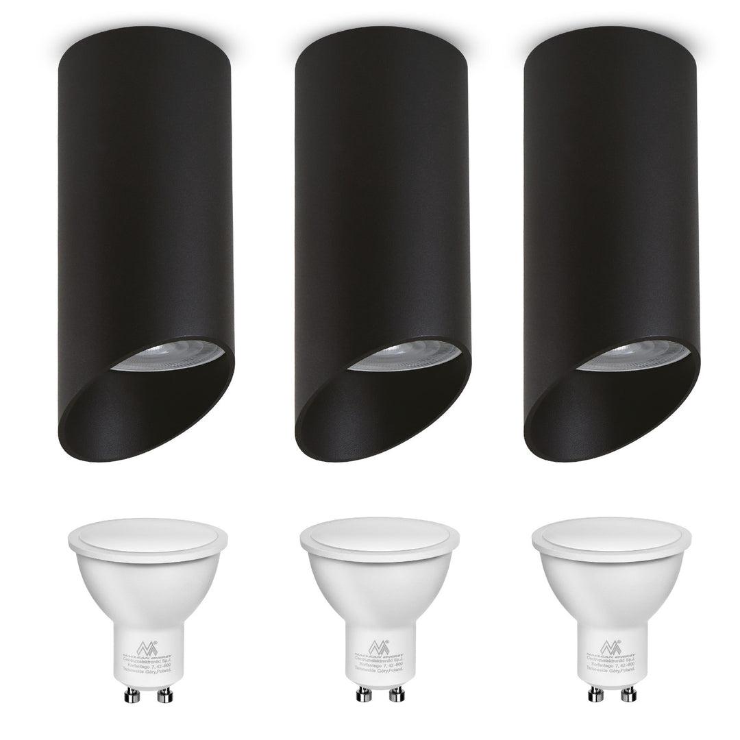 Luminária/tubo de montagem em superfície Maclean MCE360 B, spot, redondo, alumínio, GU10, 55x130 mm, preto, 3 unidades + Lâmpada LED Maclean Energy MCE437 NW 7W GU10, branco neutro 4000K, 220-240 V~, 50/60 Hz, 3 unidades