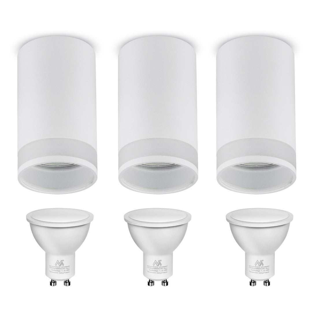 Maclean MCE361 W Luminária/tubo de montagem superficial, spot, redondo, alumínio, GU10, 55x130 mm, branco 3 peças + lâmpada LED GU10 7 W Maclean Energy MCE437 NW branco neutro 4000 K, 220-240 V~, 50/60 Hz 3 peças