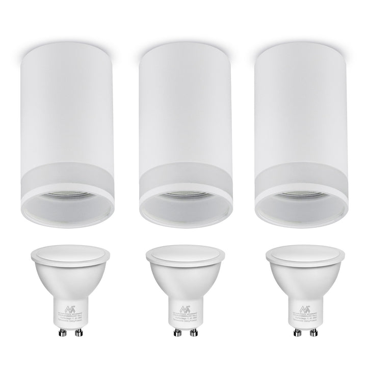 Maclean MCE361 W Luminária/tubo de montagem superficial, spot, redondo, alumínio, GU10, 55x130 mm, branco 3 peças + lâmpada LED GU10 7 W Maclean Energy MCE437 NW branco neutro 4000 K, 220-240 V~, 50/60 Hz 3 peças