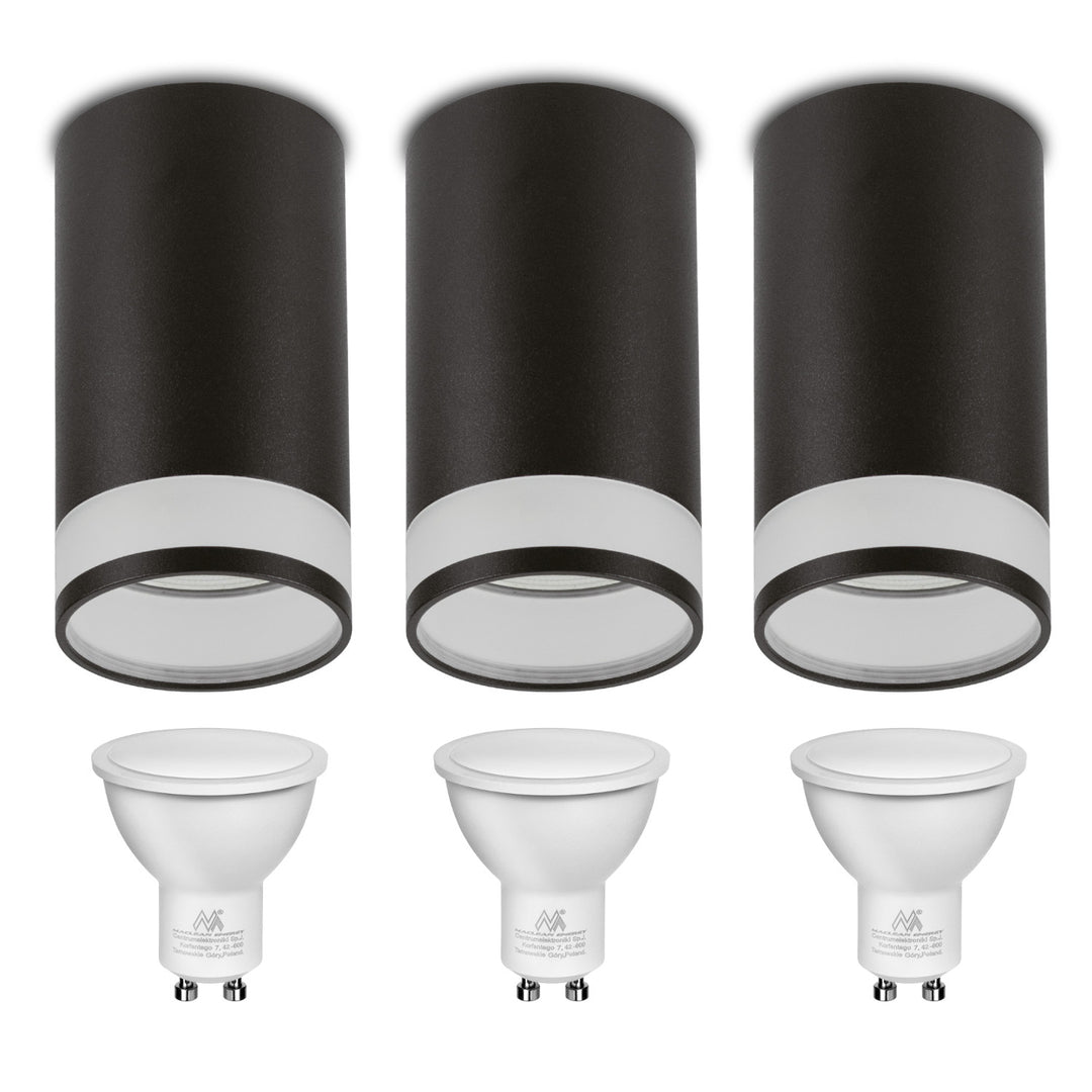 Maclean MCE361 B Luminária/tubo de montagem em superfície, spot, redondo, alumínio, GU10, 55x130 mm, preto 3 peças + Maclean Energy MCE437 WW GU10 lâmpada LED de 7 W, branco quente 3000 K, 220-240 V~, 50/60 Hz, 490 lm, 3 peças