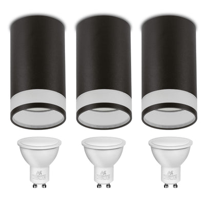 Maclean MCE361 B Luminaria/tubo de superficie, spot, redondo, aluminio, GU10, 55x130mm, color negro 3pcs + bombilla LED GU10 7W Maclean Energy MCE437 WW blanco cálido 3000K, 220-240V~, 50/60Hz, 490lm, 3pcs