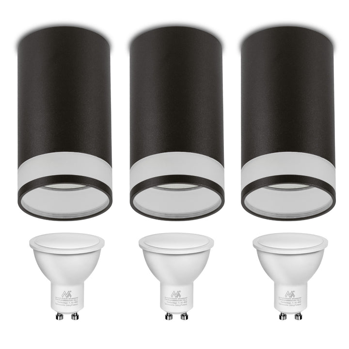 Maclean MCE361 B Luminária/tubo de montagem em superfície, spot, redondo, alumínio, GU10, 55x130 mm, preto 3 peças + Maclean Energy MCE437 WW GU10 lâmpada LED de 7 W, branco quente 3000 K, 220-240 V~, 50/60 Hz, 490 lm, 3 peças