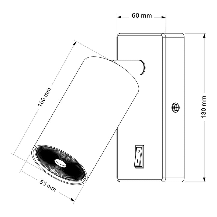 Maclean Aplique de parede / Spot, redondo, GU10, com interruptor 55x90mm, preto, lâmpada MCE369 B+LED GU10 7W Maclean Energy MCE437 NW branco neutro 4000K, 220-240V~, 50/60Hz, 490 lúmens