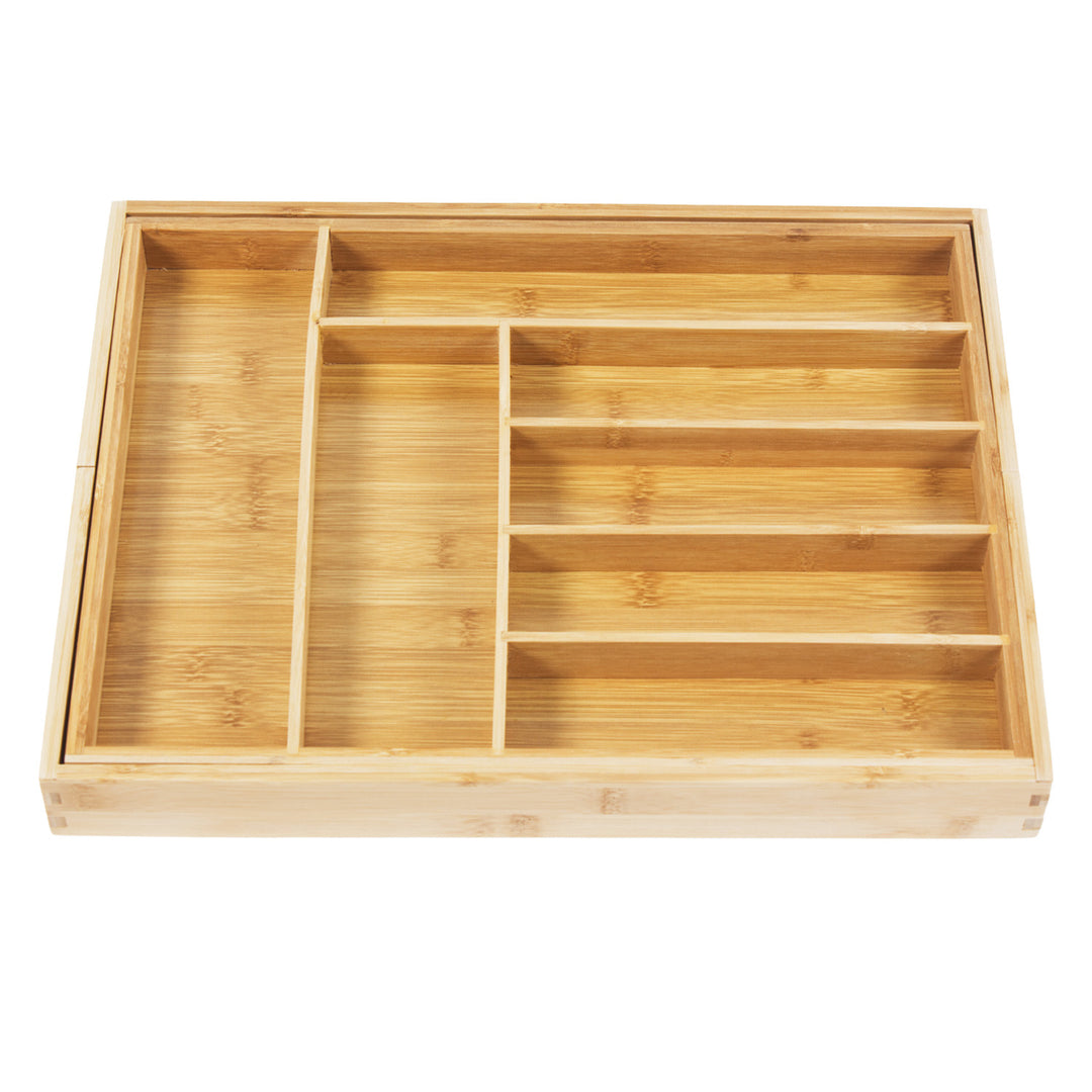 GreenBlue GB379 Juego de 2 Organizadores de Bambú para Cubiertos, Bandeja Extensible, 7 Compartimientos Básicos y 2 Extraibles para Utansilios de Cocina, Organización de Cajón de Cubertería, Dim.: 32,5-50x43x45cm, 2 unidades