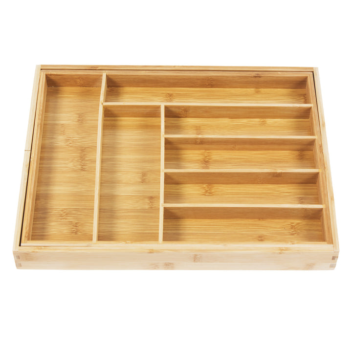 GreenBlue GB379 Juego de 2 Organizadores de Bambú para Cubiertos, Bandeja Extensible, 7 Compartimientos Básicos y 2 Extraibles para Utansilios de Cocina, Organización de Cajón de Cubertería, Dim.: 32,5-50x43x45cm, 2 unidades