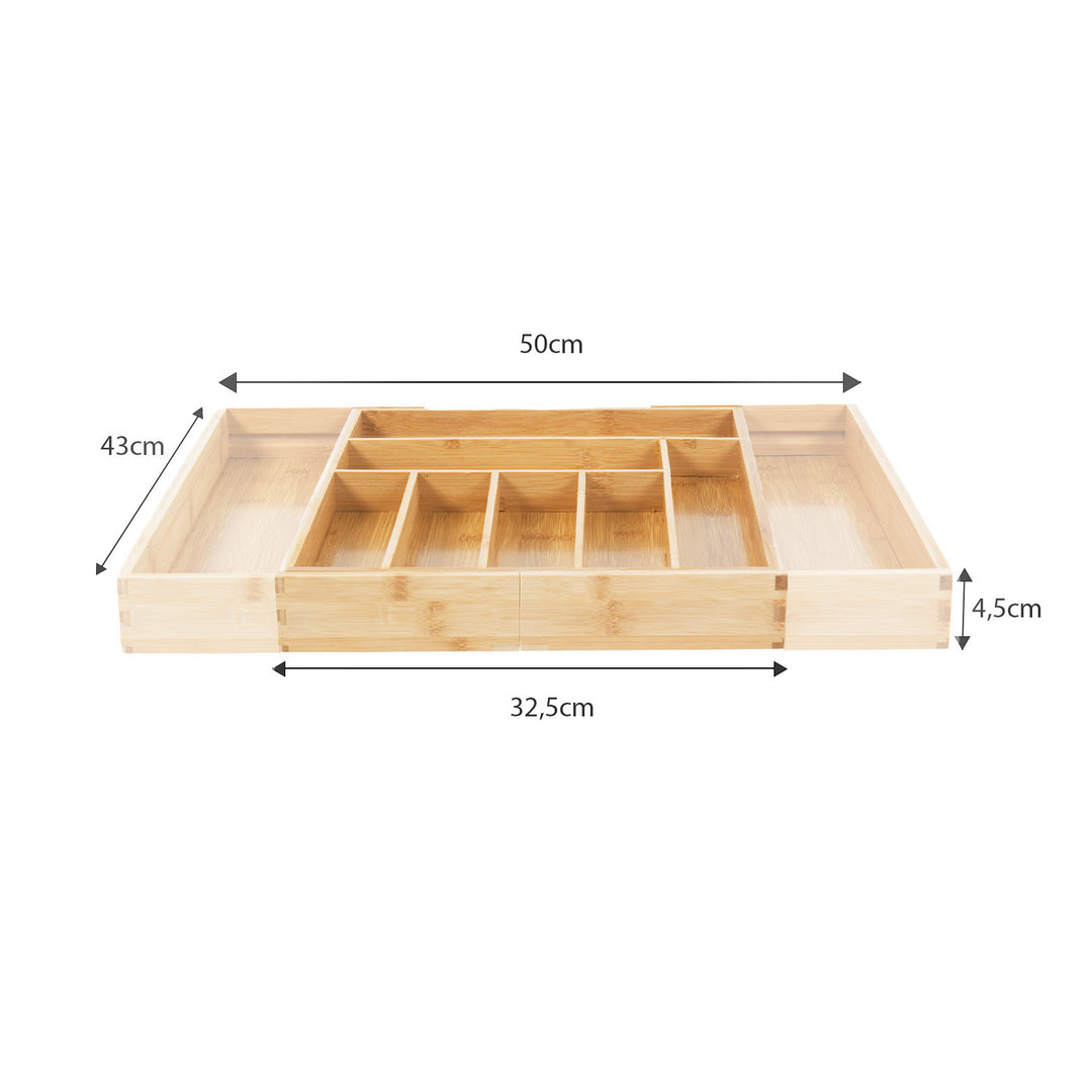 GreenBlue GB379 Juego de 2 Organizadores de Bambú para Cubiertos, Bandeja Extensible, 7 Compartimientos Básicos y 2 Extraibles para Utansilios de Cocina, Organización de Cajón de Cubertería, Dim.: 32,5-50x43x45cm, 2 unidades