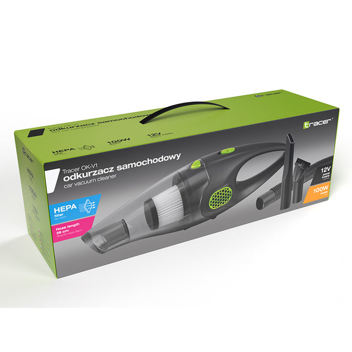 Tracer Aspirador de coche, 2 filtros HEPA, Alimentación 12V, 100W, OK-V1
