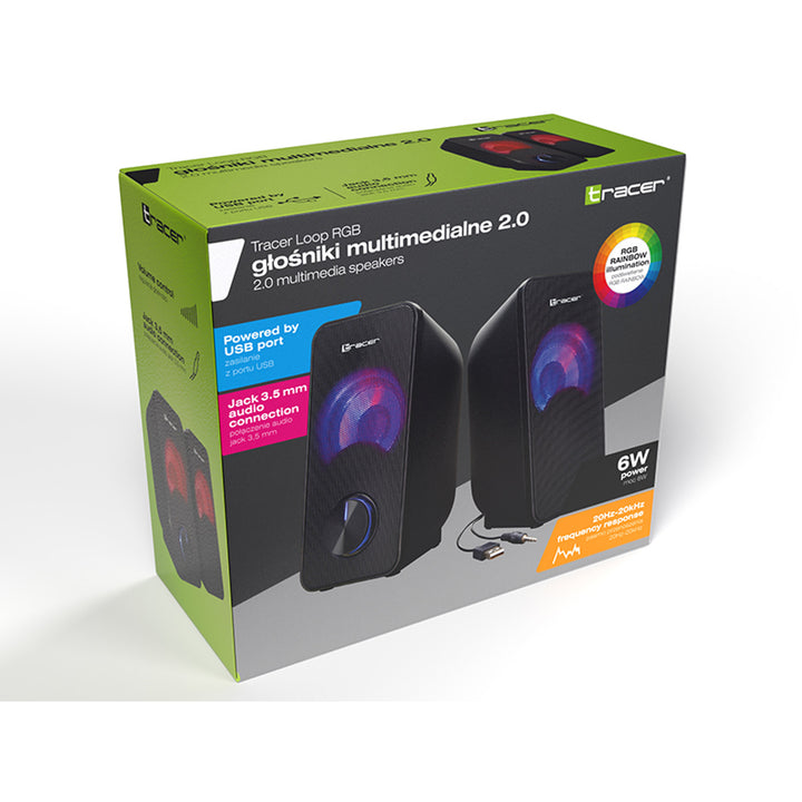 Colunas Tracer RGB com retroiluminação, 6 W RMS, fonte de alimentação USB, loop