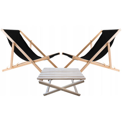 Conjunto de 2 espreguiçadeiras de praia Woodok, pretas | Inclui mesa de centro em madeira