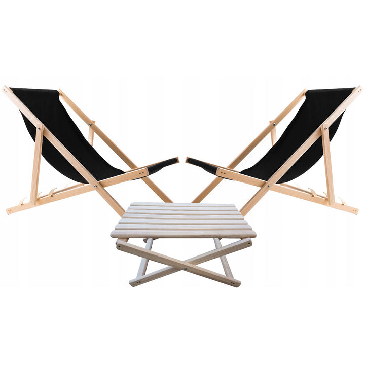 Woodok Conjunto de 2 tumbonas de playa, Color negro | Incluida mesa de centro de madera