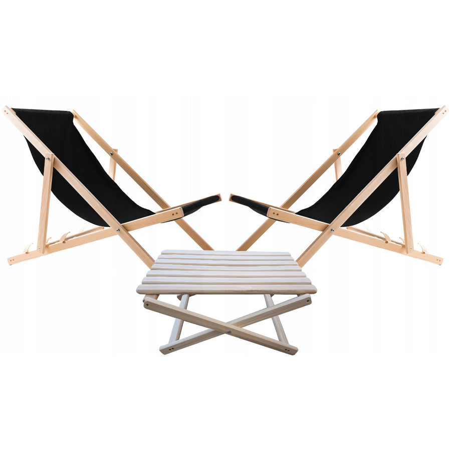 Woodok Conjunto de 2 tumbonas de playa, Color negro | Incluida mesa de centro de madera